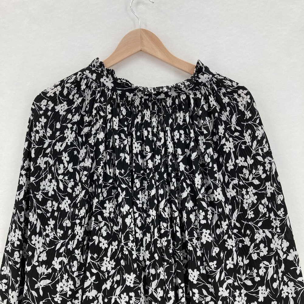 Lauren Ralph Lauren Blouse Womens 2X Black White Floral Pleated Long Sleeve - Picture 12 of 14